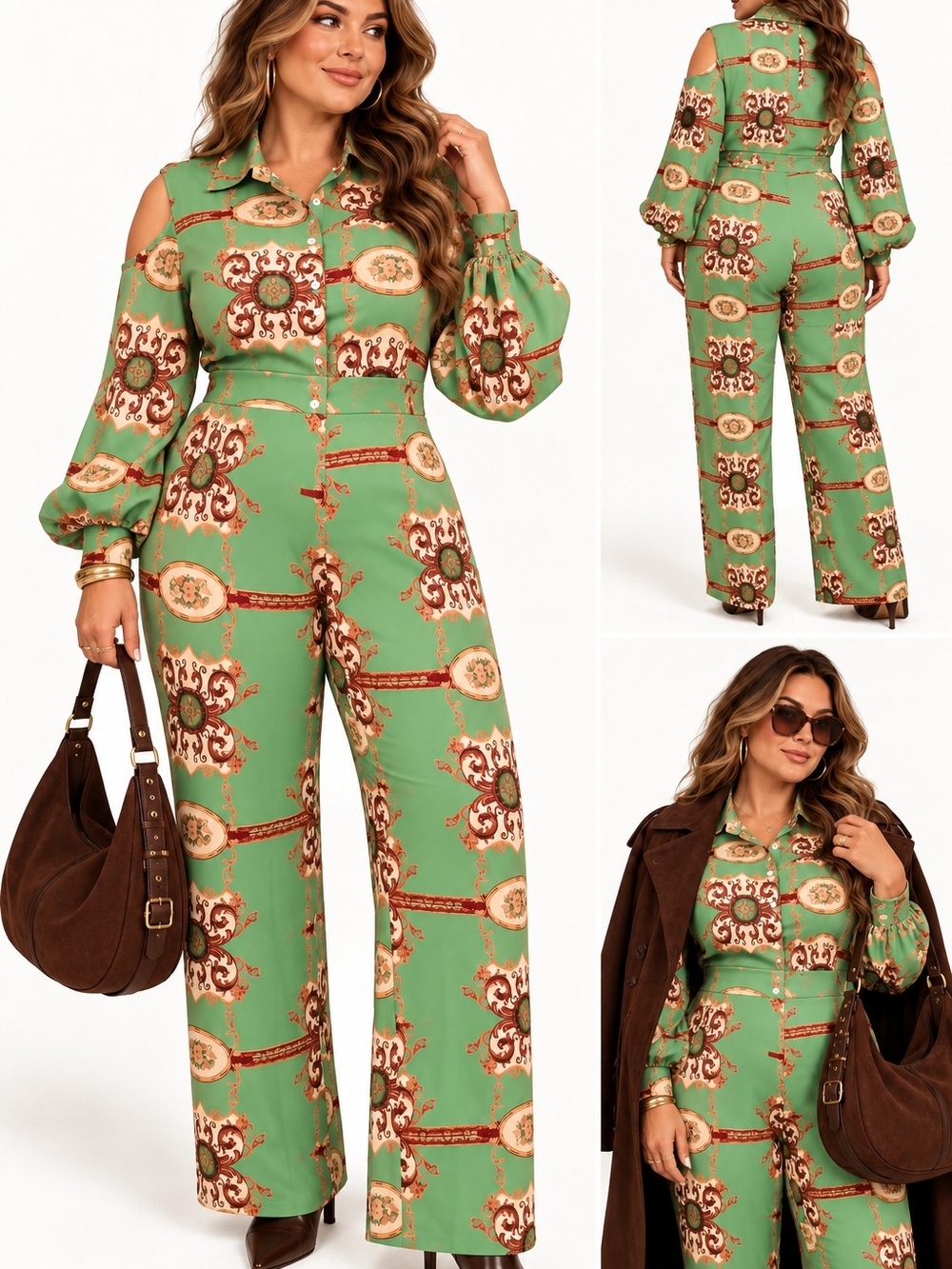 Vintage Baroque Green Jumpsuit XL Cold Shoulder Wide Leg Chain Print Boho Retro